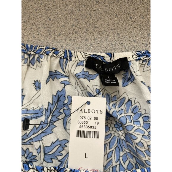 Talbots Trellis Peplum Puff Sleeve Blouse Women Large Blue White Floral Smocked - Picture 4 of 7